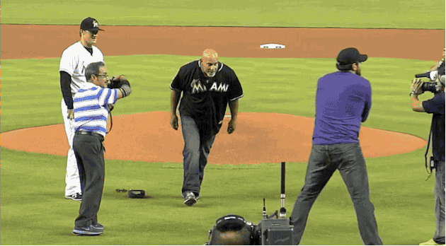 Video: Goldberg Spears Catcher at Marlins Game