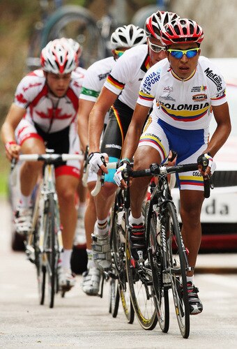 MENDRISIO, SWITZERLAND - SEPTEMBER 26:  Darwin Atapuma Hurtado of Colombia leads the breakaway group in the Men's Under 23 Road Race at the 2009 UCI Road World Championships on September 26, 2009 in Mendrisio, Switzerland.  <br /><br /><span class="help">(Photo by Bryn Lennon/Getty Images)</span>