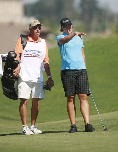 PRATTVILLE, AL - OCTOBER 1:  Katherine Hull of Australia talks with her caddie in the 18th fairway during first round play in the Navistar LPGA Classic at the Robert Trent Jones Golf Trail at Capitol Hill on October 1, 2009 in  Prattville, Alabama.  <br /><br /><span class="help">(Photo by Dave Martin/Getty Images)</span>