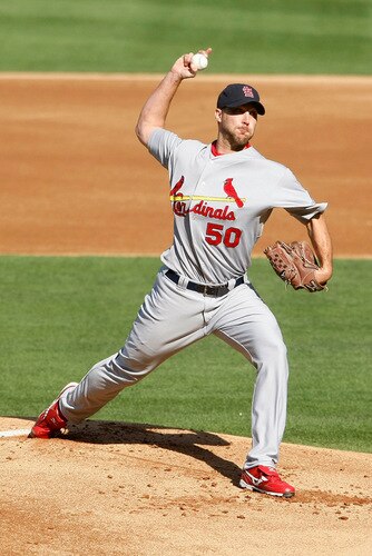 LOS ANGELES, CA - OCTOBER 08:  Pitcher Adam Wainwright #50 of the St. Louis Cardinals pitches in the first inning against the Los Angeles Dodgers in Game Two of the NLDS during the 2009 MLB Playoffs at Dodger Stadium on October 8, 2009 in Los Angeles, California.  <br /><br /><span class="help">(Photo by Jeff Gross/Getty Images)</span>