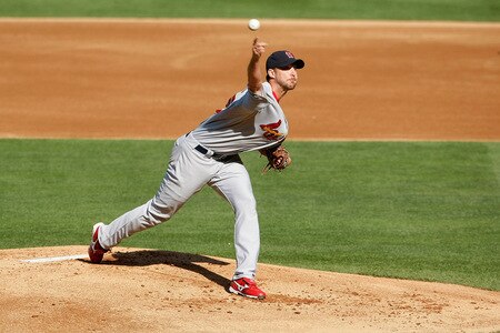 LOS ANGELES, CA - OCTOBER 08:  Pitcher Adam Wainwright #50 of the St. Louis Cardinals pitches in the first inning against the Los Angeles Dodgers in Game Two of the NLDS during the 2009 MLB Playoffs at Dodger Stadium on October 8, 2009 in Los Angeles, California.  <br /><br /><span class="help">(Photo by Jeff Gross/Getty Images)</span>