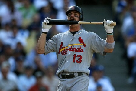 LOS ANGELES, CA - OCTOBER 08:  Brendan Ryan #13 of the St. Louis Cardinals reacts while at bat in the third inning against the Los Angeles Dodgers in Game Two of the NLDS during the 2009 MLB Playoffs at Dodger Stadium on October 8, 2009 in Los Angeles, California.  <br /><br /><span class="help">(Photo by Stephen Dunn/Getty Images)</span>