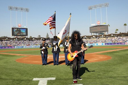 LOS ANGELES, CA - OCTOBER 08:  Guitarist Slash performs the national anthem before Game Two of the NLDS between the Los Angeles Dodgers and the St. Louis Cardinals during the 2009 MLB Playoffs at Dodger Stadium on October 8, 2009 in Los Angeles, California.  <br /><br /><span class="help">(Photo by Stephen Dunn/Getty Images)</span>