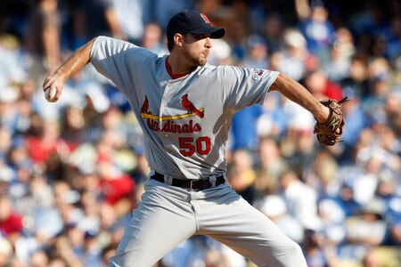LOS ANGELES, CA - OCTOBER 08:  Pitcher Adam Wainwright #50 of the St. Louis Cardinals pitches in the second inning against the Los Angeles Dodgers in Game Two of the NLDS during the 2009 MLB Playoffs at Dodger Stadium on October 8, 2009 in Los Angeles, California.  <br /><br /><span class="help">(Photo by Jeff Gross/Getty Images)</span>
