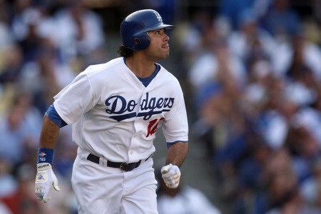 LOS ANGELES, CA - OCTOBER 08:  Andre Ethier #16 of the Los Angeles Dodgers looks at the ball as he hits a solo home run to center in the fourth inning against the St. Louis Cardinals in Game Two of the NLDS during the 2009 MLB Playoffs at Dodger Stadium on October 8, 2009 in Los Angeles, California.  <br /><br /><span class="help">(Photo by Stephen Dunn/Getty Images)</span>