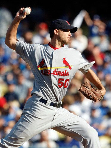 LOS ANGELES, CA - OCTOBER 08:  Pitcher Adam Wainwright #50 of the St. Louis Cardinals pitches in the second inning against the Los Angeles Dodgers in Game Two of the NLDS during the 2009 MLB Playoffs at Dodger Stadium on October 8, 2009 in Los Angeles, California.  <br /><br /><span class="help">(Photo by Jeff Gross/Getty Images)</span>
