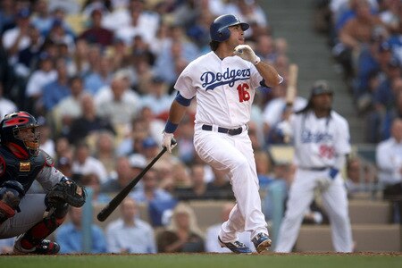 LOS ANGELES, CA - OCTOBER 08:  Andre Ethier #16 of the Los Angeles Dodgers hits a solo home run to center in the fourth inning against the St. Louis Cardinals in Game Two of the NLDS during the 2009 MLB Playoffs at Dodger Stadium on October 8, 2009 in Los Angeles, California.  <br /><br /><span class="help">(Photo by Stephen Dunn/Getty Images)</span>