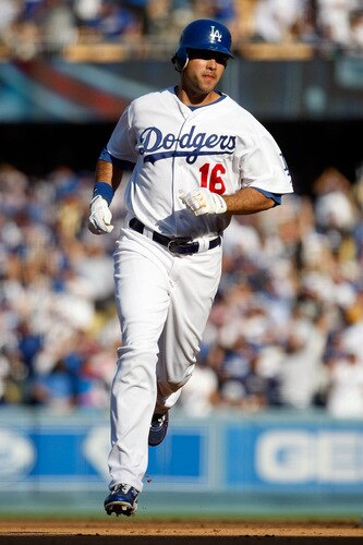 LOS ANGELES, CA - OCTOBER 08:  Andre Ethier #16 of the Los Angeles Dodgers rounds the bases after he hits a solo home run to center in the fourth inning against the St. Louis Cardinals in Game Two of the NLDS during the 2009 MLB Playoffs at Dodger Stadium on October 8, 2009 in Los Angeles, California.  <br /><br /><span class="help">(Photo by Jeff Gross/Getty Images)</span>