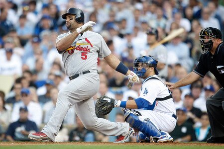 LOS ANGELES, CA - OCTOBER 08:  Albert Pujols #5 of the St. Louis Cardinals hits a single in the fifth inning against the Los Angeles Dodgers in Game Two of the NLDS during the 2009 MLB Playoffs at Dodger Stadium on October 8, 2009 in Los Angeles, California.  <br /><br /><span class="help">(Photo by Jeff Gross/Getty Images)</span>