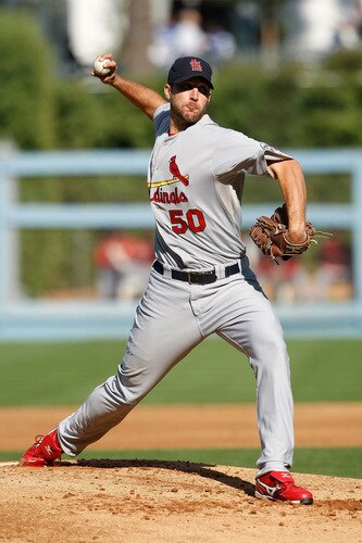 LOS ANGELES, CA - OCTOBER 08:  Pitcher Adam Wainwright #50 of the St. Louis Cardinals pitches against the Los Angeles Dodgers in Game Two of the NLDS during the 2009 MLB Playoffs at Dodger Stadium on October 8, 2009 in Los Angeles, California.  <br /><br /><span class="help">(Photo by Jeff Gross/Getty Images)</span>