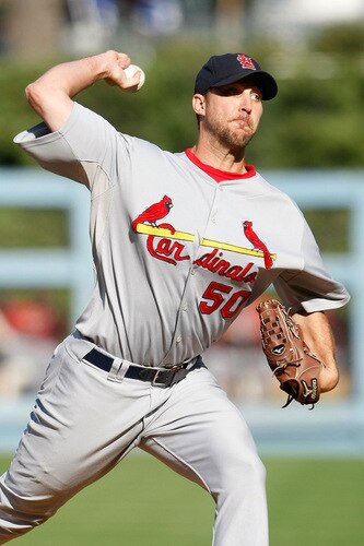 LOS ANGELES, CA - OCTOBER 08:  Pitcher Adam Wainwright #50 of the St. Louis Cardinals pitches against the Los Angeles Dodgers in Game Two of the NLDS during the 2009 MLB Playoffs at Dodger Stadium on October 8, 2009 in Los Angeles, California.  <br /><br /><span class="help">(Photo by Jeff Gross/Getty Images)</span>
