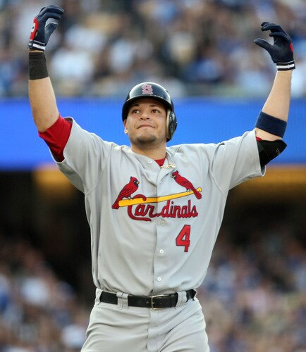 LOS ANGELES, CA - OCTOBER 08:  Yadier Molina #4 of the St. Louis Cardinals reacts after flying out in the sixth inning of Game Two of the NLDS during the 2009 MLB Playoffs against the Los Angeles Dodgers at Dodger Stadium on October 8, 2009 in Los Angeles, California.  <br /><br /><span class="help">(Photo by Stephen Dunn/Getty Images)</span>