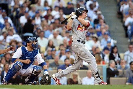 LOS ANGELES, CA - OCTOBER 08:  Colby Rasmus #28 of the St. Louis Cardinals hits a RBI double in the seventh inning against the Los Angeles Dodgers in Game Two of the NLDS during the 2009 MLB Playoffs at Dodger Stadium on October 8, 2009 in Los Angeles, California.  <br /><br /><span class="help">(Photo by Stephen Dunn/Getty Images)</span>