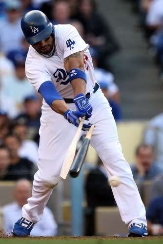LOS ANGELES, CA - OCTOBER 08:  Matt Kemp #27 of the Los Angeles Dodgers breaks his bat as he grounds into a fielder's choice in the sixth inning against the St. Louis Cardinals in Game Two of the NLDS during the 2009 MLB Playoffs at Dodger Stadium on October 8, 2009 in Los Angeles, California.  <br /><br /><span class="help">(Photo by Stephen Dunn/Getty Images)</span>