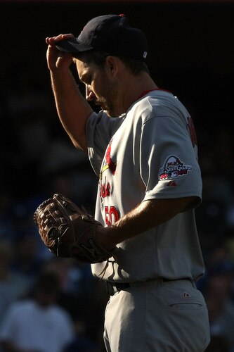LOS ANGELES, CA - OCTOBER 08:  Pitcher Adam Wainwright #50 of the St. Louis Cardinals reacts on the mound against the Los Angeles Dodgers in Game Two of the NLDS during the 2009 MLB Playoffs at Dodger Stadium on October 8, 2009 in Los Angeles, California.  <br /><br /><span class="help">(Photo by Stephen Dunn/Getty Images)</span>