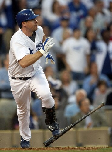 LOS ANGELES, CA - OCTOBER 08:  Mark Loretta #5 of the Los Angeles Dodgers hits a walk-off RBI single to center to score Casey Blake #23 to defeat the St. Louis Cardinals in Game Two of the NLDS during the 2009 MLB Playoffs at Dodger Stadium on October 8, 2009 in Los Angeles, California. The Dodgers defeated the Cardinals 3-2 to take a 2-0 series lead.  <br /><br /><span class="help">(Photo by Stephen Dunn/Getty Images)</span>