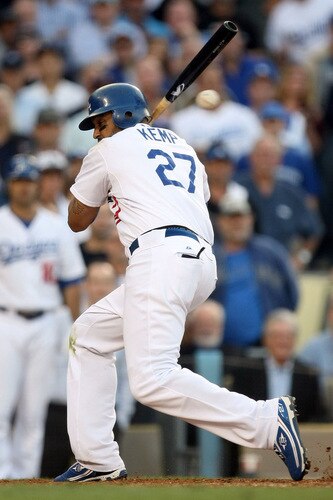 LOS ANGELES, CA - OCTOBER 08:  Matt Kemp #27 of the Los Angeles Dodgers ducks below the ball to avoid being hit with the bases loaded in the eighth inning against the St. Louis Cardinals in Game Two of the NLDS during the 2009 MLB Playoffs at Dodger Stadium on October 8, 2009 in Los Angeles, California.  <br /><br /><span class="help">(Photo by Stephen Dunn/Getty Images)</span>