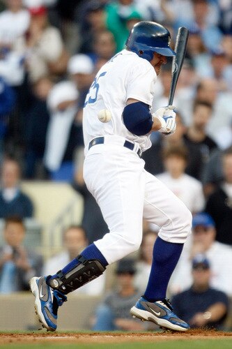 LOS ANGELES, CA - OCTOBER 08:  Jim Thome #25 of the Los Angeles Dodgers is hit by a pitch in the eighth inning against the St. Louis Cardinals in Game Two of the NLDS during the 2009 MLB Playoffs at Dodger Stadium on October 8, 2009 in Los Angeles, California.  <br /><br /><span class="help">(Photo by Jeff Gross/Getty Images)</span>