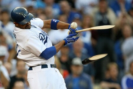 LOS ANGELES, CA - OCTOBER 08:  Matt Kemp #27 of the Los Angeles Dodgers breaks his bat as he grounds out to first base with the bases loaded in the eighth inning against the St. Louis Cardinals in Game Two of the NLDS during the 2009 MLB Playoffs at Dodger Stadium on October 8, 2009 in Los Angeles, California.  <br /><br /><span class="help">(Photo by Stephen Dunn/Getty Images)</span>