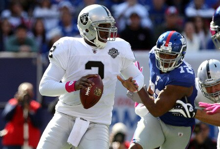 EAST RUTHERFORD, NJ - OCTOBER 11:  JaMarcus Russell #2 of the Oakland Raiders looks to throw a pass against the New York Giants on October 11, 2009 at Giants Stadium in East Rutherford, New Jersey.  <br /><br /><span class="help">(Photo by Jim McIsaac/Getty Images)</span>