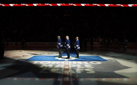 TORONTO - DECEMBER 19: The Toronto Maple Leafs honour 60's NHL legends Bob Nevin, Red Kelly and  Mike Walton before game action against the Boston Bruins December 19, 2009 at the Air Canada Centre in Toronto, Ontario, Canada. <br /><br /><span class="help">(Photo by Abelimages/Getty Images)</span>
