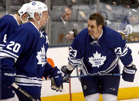 TORONTO - DECEMBER 19: Jason Blake #55 and Colton Orr #28 of the Toronto Maple Leafs joke around during warmup before playing against the Boston Bruins December 19, 2009 at the Air Canada Centre in Toronto, Ontario, Canada. <br /><br /><span class="help">(Photo by Abelimages/Getty Images)</span>