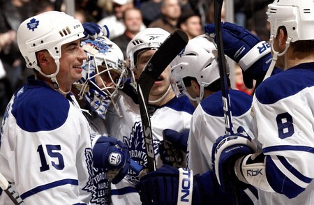 TORONTO - DECEMBER 19:  The Toronto Maple Leafs celebrate shutout win during game action against the Boston Bruins December 19, 2009 at the Air Canada Centre in Toronto, Ontario, Canada. <br /><br /><span class="help">(Photo by Abelimages/Getty Images)</span>