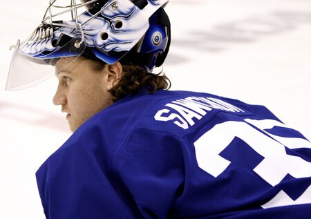 TORONTO - DECEMBER 19:  Vesa Toskala #35 of the Toronto Maple Leafs shows of the 60's night sweater of Terry Sawchuck during game action December 19, 2009 at the Air Canada Centre in Toronto, Ontario, Canada. <br /><br /><span class="help">(Photo by Abelimages/Getty Images)</span>