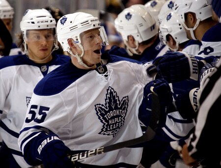 TORONTO - DECEMBER 19:  Jason Blake #55 of the Toronto Maple Leafs celebrates goal during game action against the Boston Bruins December 19, 2009 at the Air Canada Centre in Toronto, Ontario, Canada. <br /><br /><span class="help">(Photo by Abelimages/Getty Images)</span>