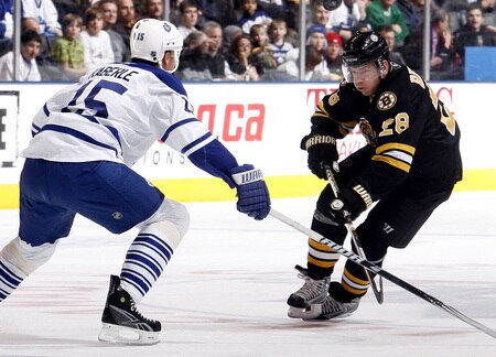 TORONTO - DECEMBER 19:  Tomas Kaberle #15 of the Toronto Maple Leafs holds up Mark Recchi #28 of the Boston Bruins during game action December 19, 2009 at the Air Canada Centre in Toronto, Ontario, Canada. <br /><br /><span class="help">(Photo by Abelimages/Getty Images)</span>