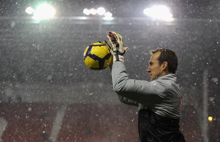 STOKE ON TRENT, ENGLAND - JANUARY 05:  Mark Schwarzer of Fulham warms up in the freezing conditions during the Barclays Premier League match between Stoke City and Fulham at The Britannia Stadium on January 5, 2010 in Stoke on Trent, England.  <br /><br /><span class="help">(Photo by Laurence Griffiths/Getty Images)</span>