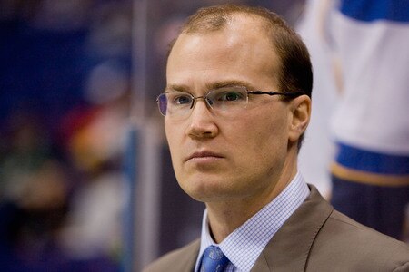 ST. LOUIS, MO - JANUARY 14: Head coach Davis Payne of the St. Louis Blues looks on from the bench during warm-ups prior to playing against the Minnesota Wild at the Scottrade Center on January 14, 2010 in St. Louis, Missouri.  <br /><br /><span class="help">(Photo by Dilip Vishwanat/Getty Images)</span>