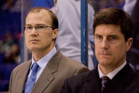ST. LOUIS, MO - JANUARY 14: Head coach Davis Payne and assistant coach Brad Shaw of the St. Louis Blues looks on from the bench during warm-ups prior to playing against the Minnesota Wild at the Scottrade Center on January 14, 2010 in St. Louis, Missouri.  <br /><br /><span class="help">(Photo by Dilip Vishwanat/Getty Images)</span>