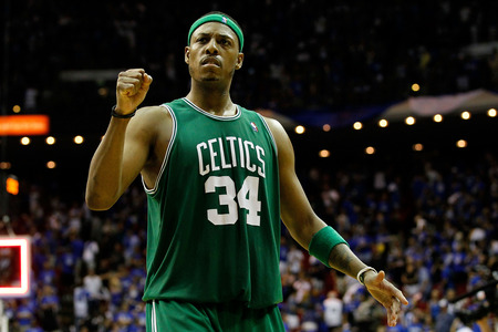 ORLANDO, FL - MAY 16:  Paul Pierce #34 of the Boston Celtics celebrates after the Celtics won 92-88 against the Orlando Magic in Game One of the Eastern Conference Finals during the 2010 NBA Playoffs at Amway Arena on May 16, 2010 in Orlando, Florida.  <br />
<br />
(Photo by Kevin C. Cox/Getty Images)