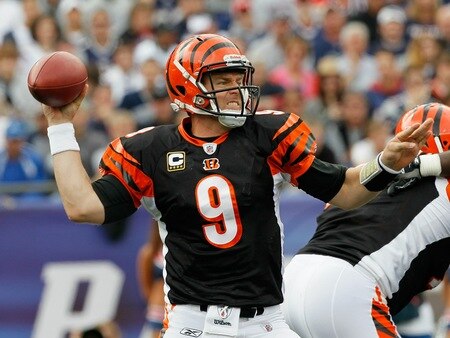 FOXBORO, MA - SEPTEMBER 12: Quarterback Carson Palmer #9 of the Cincinnati Bengals throws during the NFL season opener against the New England Patriots  at Gillette Stadium on September 12, 2010 in Foxboro, Massachusetts. <br /><br /><span class="help">(Photo by Jim Rogash/Getty Images)</span>
