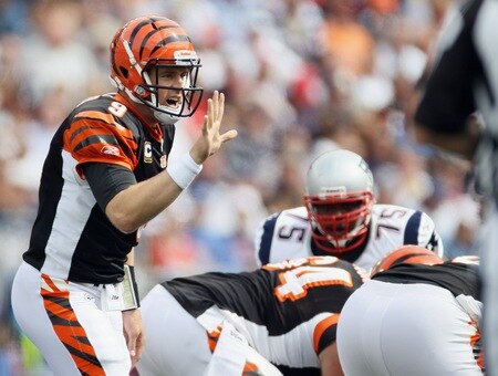 FOXBORO, MA - SEPTEMBER 12:  Carson Palmer #9 of the Cincinnati Bengals calls out the play in the first half against the New England Patriots during the NFL season opener on September 12, 2010 at Gillette Stadium in Foxboro, Massachusetts.  <br /><br /><span class="help">(Photo by Elsa/Getty Images)</span>