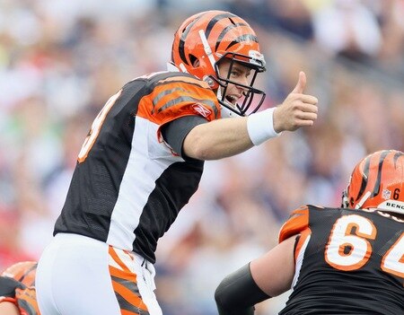 FOXBORO, MA - SEPTEMBER 12:  Carson Palmer #9 of the Cincinnati Bengals calls out the play in the first half against the New England Patriots during the NFL season opener on September 12, 2010 at Gillette Stadium in Foxboro, Massachusetts.  <br /><br /><span class="help">(Photo by Elsa/Getty Images)</span>