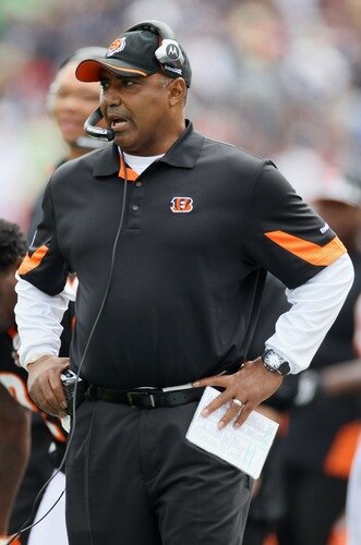 FOXBORO, MA - SEPTEMBER 12:  Head coach Marvin Lewis of the Cincinnati Bengals challenges a touchdown by the New England Patriots during the NFL season opener on September 12, 2010 at Gillette Stadium in Foxboro, Massachusetts.  <br /><br /><span class="help">(Photo by Elsa/Getty Images)</span>