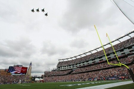 FOXBORO, MA - SEPTEMBER 12:  Jets fly over before the start of the game between the Cincinnati Bengals and the New England Patriots during the NFL season opener on September 12, 2010 at Gillette Stadium in Foxboro, Massachusetts.  <br /><br /><span class="help">(Photo by Elsa/Getty Images)</span>