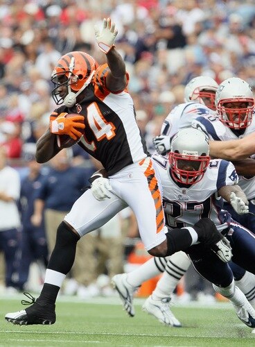 FOXBORO, MA - SEPTEMBER 12: Adam Jones #24 of the Cincinnati Bengals tries to avoid Kyle Arrington #27 of the New England Patriots during the NFL season opener on September 12, 2010 at Gillette Stadium in Foxboro, Massachusetts.  <br /><br /><span class="help">(Photo by Elsa/Getty Images)</span>