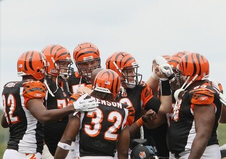FOXBORO, MA - SEPTEMBER 12:  Quarterback Carson Palmer #9 of the Cincinnati Bengals talks with the offense before the opening kickoff against the New England Patriots during the NFL season opener on September 12, 2010 at Gillette Stadium in Foxboro, Massachusetts.  <br /><br /><span class="help">(Photo by Elsa/Getty Images)</span>
