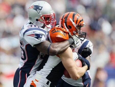 FOXBORO, MA - SEPTEMBER 12:  Jordan Shipley #11 of the Cincinnati Bengals is tackled by James Sanders #26 of the New England Patriots during the NFL season opener on September 12, 2010 at Gillette Stadium in Foxboro, Massachusetts.  <br /><br /><span class="help">(Photo by Elsa/Getty Images)</span>