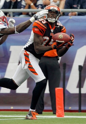 FOXBORO, MA - SEPTEMBER 12:  Darius Butler #28 of the New England Patriots cannot stop a touchdown catch by Chad Ochocinco #85 of the Cincinnati Bengals in the second half during the NFL season opener  at Gillette Stadium on September 12, 2010 in Foxboro, Massachusetts. (Jim Rogash/ Getty Images)<br /><br /><span class="help"></span>