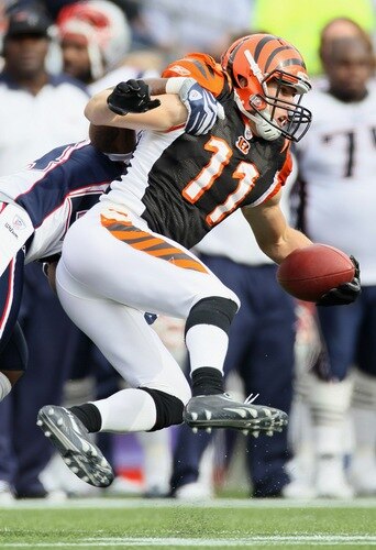 FOXBORO, MA - SEPTEMBER 12:  Jordan Shipley #11 of the Cincinnati Bengals makes the catch in the fourth quarter against the New England Patriots during the NFL season opener on September 12, 2010 at Gillette Stadium in Foxboro, Massachusetts. The Patriots defeated the Bengals 38-24.  <br /><br /><span class="help">(Photo by Elsa/Getty Images)</span>