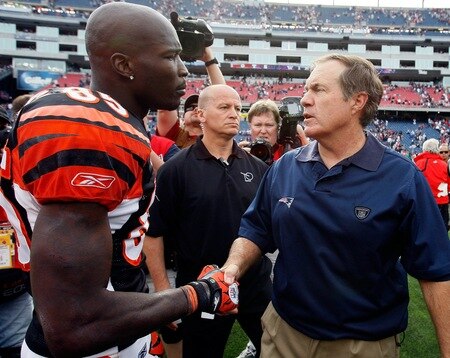 FOXBORO, MA - SEPTEMBER 12:  Coach Bill Belichick of the New England Patriots shakes hands with Chad Ochocinco #85 of the Cincinnati Bengals at the completion of  the NFL season opener at Gillette Stadium on September 12, 2010 in Foxboro, Massachusetts. The Patriots won 38-24. <br /><br /><span class="help">(Photo by Jim Rogash/Getty Images)</span>
