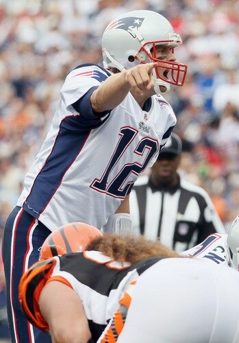 FOXBORO, MA - SEPTEMBER 12:  Tom Brady #12 of the New England Patriots calls out the play against the Cincinnati Bengals during the NFL season opener on September 12, 2010 at Gillette Stadium in Foxboro, Massachusetts.  <br /><br /><span class="help">(Photo by Elsa/Getty Images)</span>