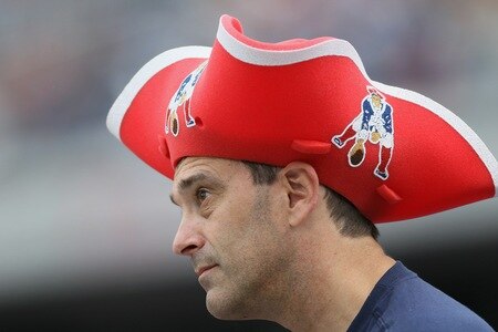 FOXBORO, MA - SEPTEMBER 12:  A New England Patriots fan looks on in the first half against the Cincinnati Bengals during the NFL season opener on September 12, 2010 at Gillette Stadium in Foxboro, Massachusetts.  <br /><br /><span class="help">(Photo by Elsa/Getty Images)</span>