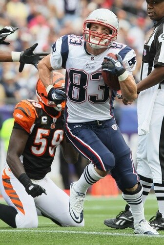 FOXBORO, MA - SEPTEMBER 12:  Wes Welker #83 of the New England Patriots celebrates his touchdown in the second quarter against the Cincinnati Bengals during the NFL season opener on September 12, 2010 at Gillette Stadium in Foxboro, Massachusetts.  <br /><br /><span class="help">(Photo by Elsa/Getty Images)</span>