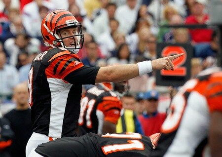 FOXBORO, MA - SEPTEMBER 12: Quarterback Carson Palmer #9 of the Cincinnati Bengals gesttures during the NFL season opener against the New England Patriots  at Gillette Stadium on September 12, 2010 in Foxboro, Massachusetts. <br /><br /><span class="help">(Photo by Jim Rogash/Getty Images)</span>