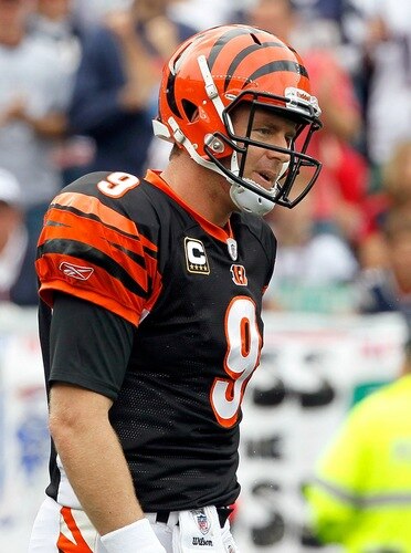 FOXBORO, MA - SEPTEMBER 12: Quarterback Carson Palmer #9 of the Cincinnati Bengals reacts during the NFL season opener against the New England Patriots  at Gillette Stadium on September 12, 2010 in Foxboro, Massachusetts. <br /><br /><span class="help">(Photo by Jim Rogash/Getty Images)</span>